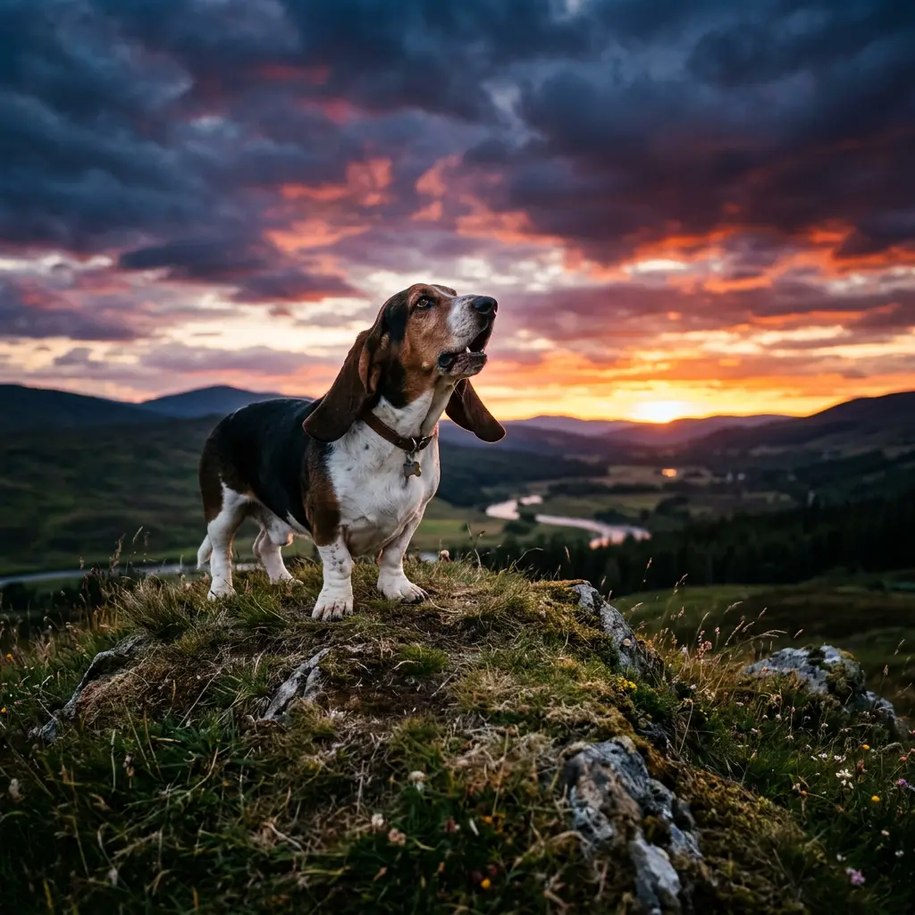 Basset hound standing on rocky grass hill with dramatic sunset sky