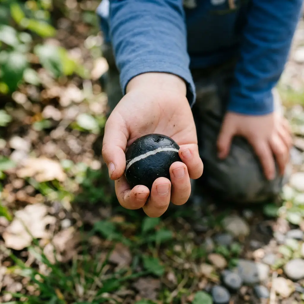 Child holding a smooth round black stone with a white stripe