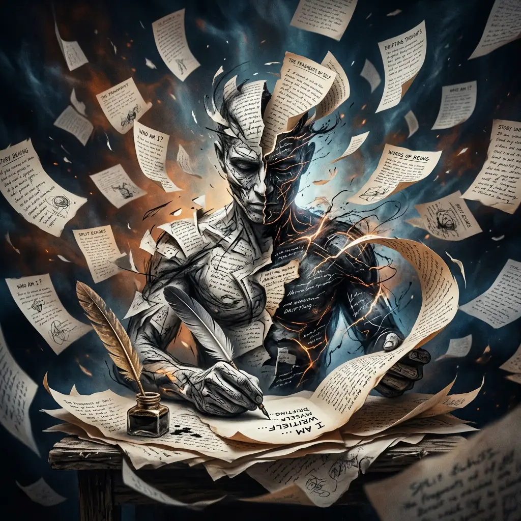Abstract person writing with quill, surrounded by floating handwritten pages.