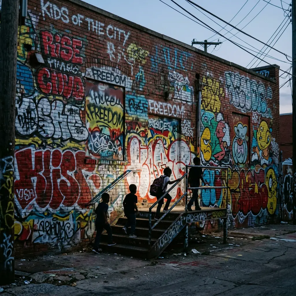 Children playing near graffiti-covered urban brick wall with bright street art