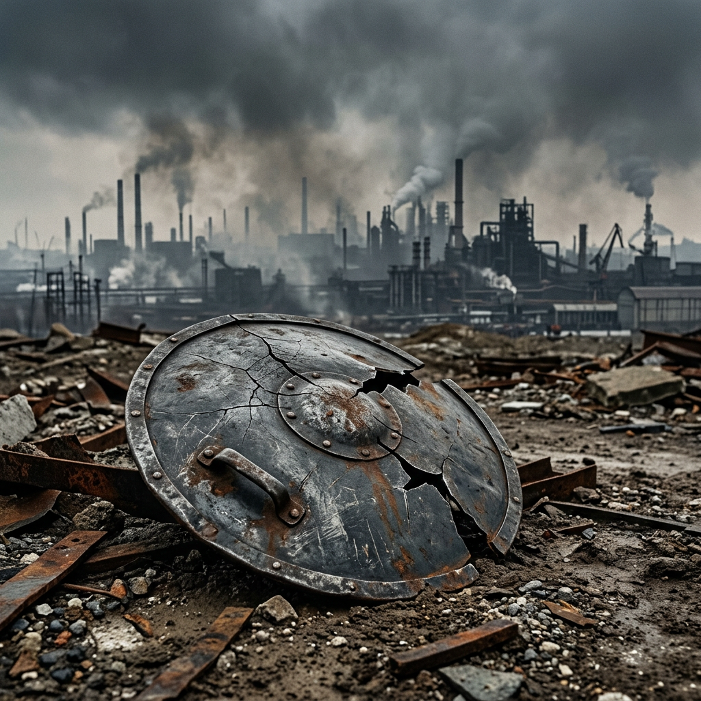 Cracked metal shield on barren ground near an industrial site emitting smoke