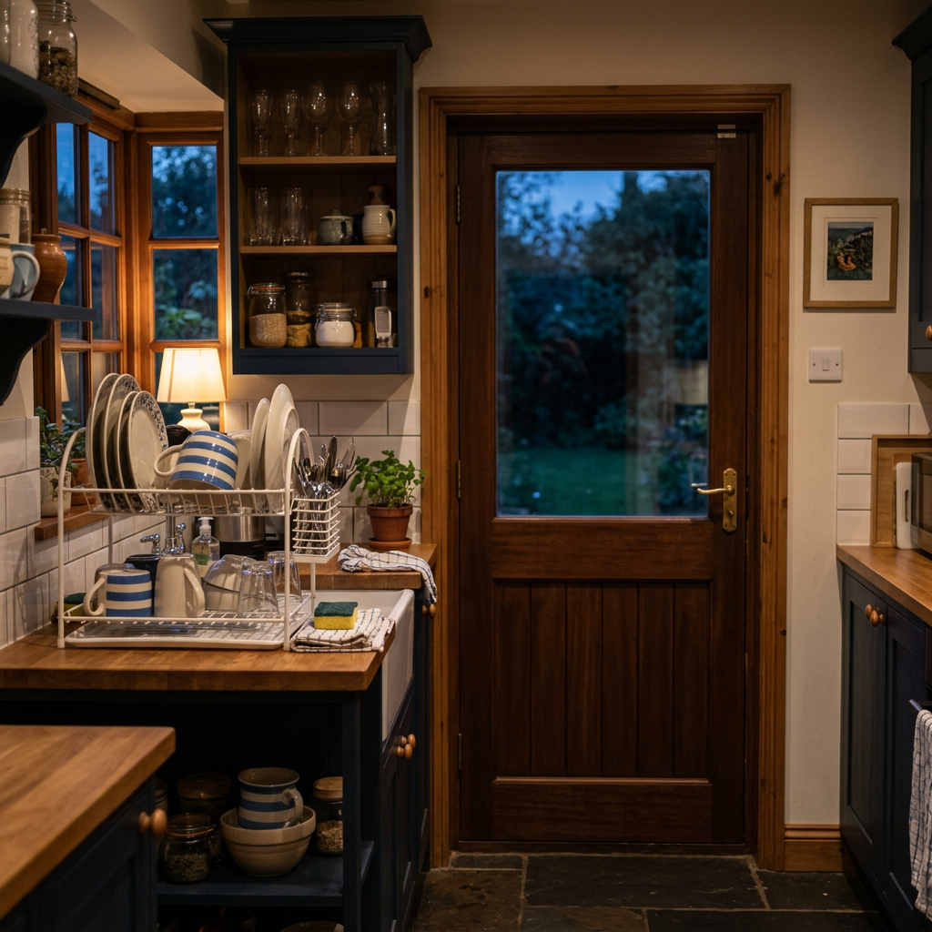 Cozy kitchen interior with wooden door, drying rack with dishes, and warm lighting