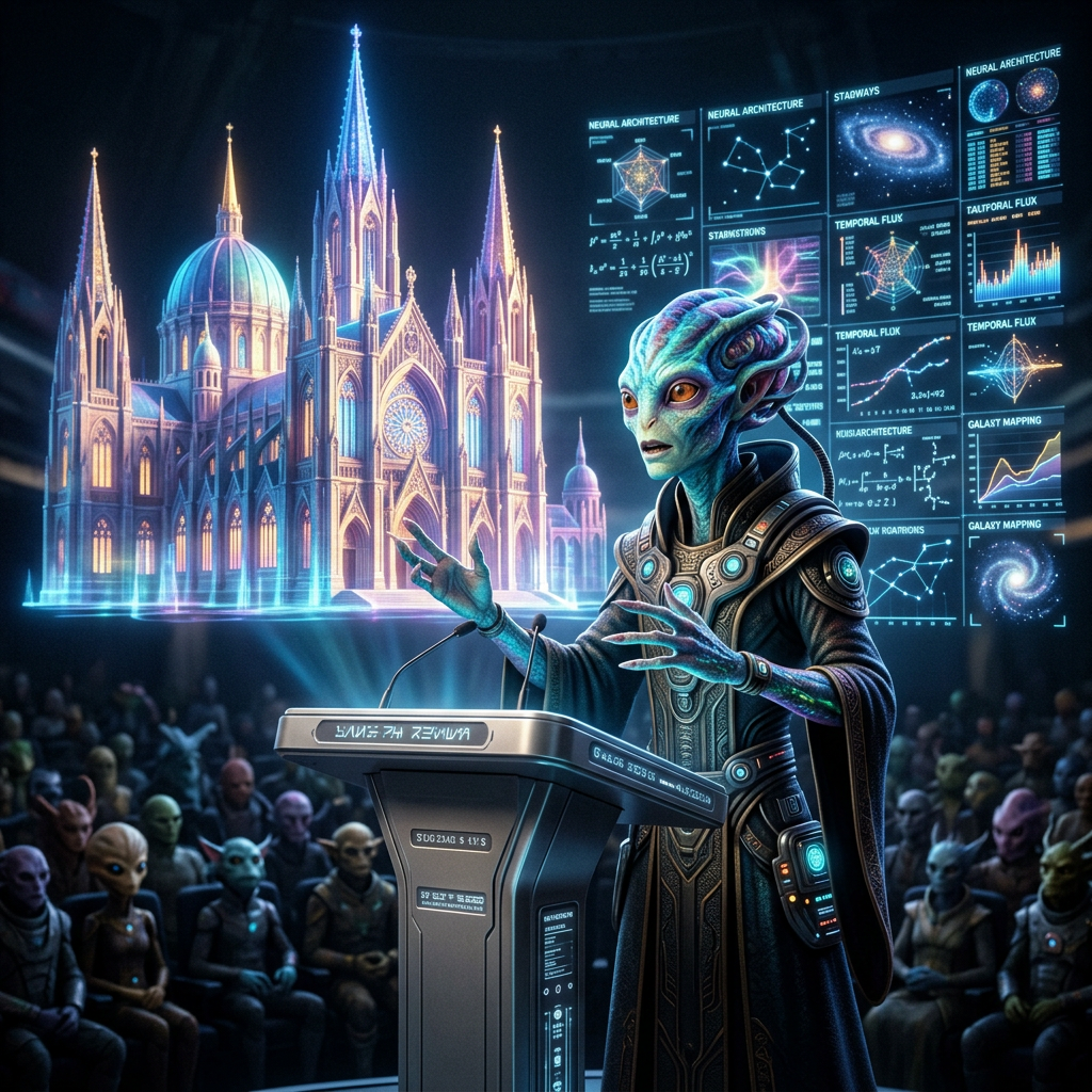 Alien scientist presenting holographic cathedral and scientific charts to audience