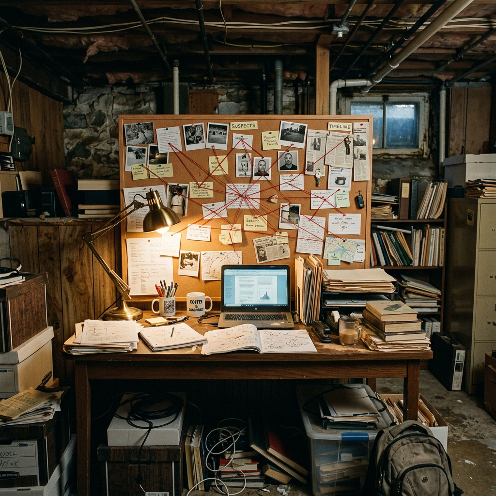 Cluttered detective desk with laptop, documents, coffee mug, and an evidence board connecting photos and notes with red string.