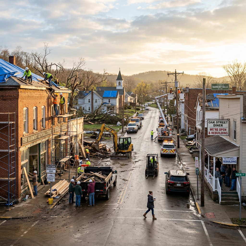 Construction workers repairing roofs and utility poles in a small town after storm damage