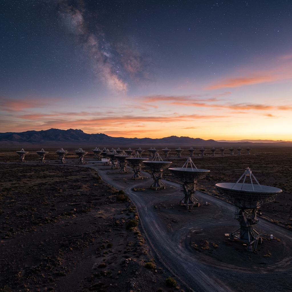 Multiple radio telescopes arranged in a line in a desert area with mountains and a starry sky with Milky Way visible