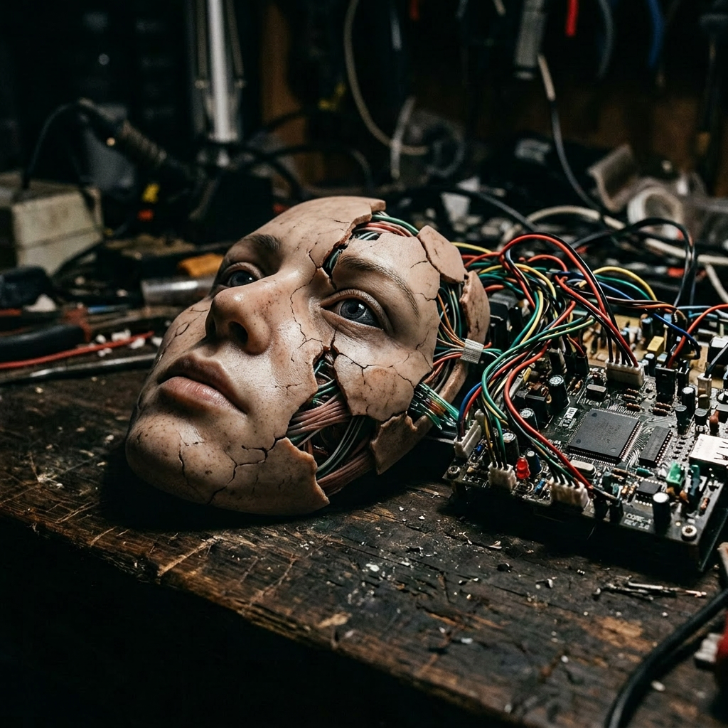 Cracked white android face mask with electronic circuit board and wires
