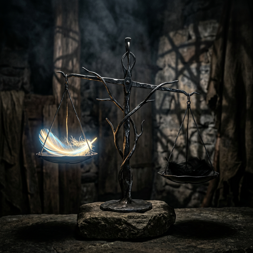 An iron scale with a glowing white feather on one side and black feathers on the other side