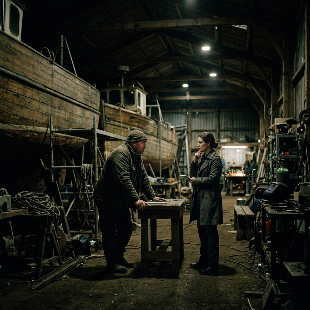 Three people talking in a boat workshop with wooden boats and tools around