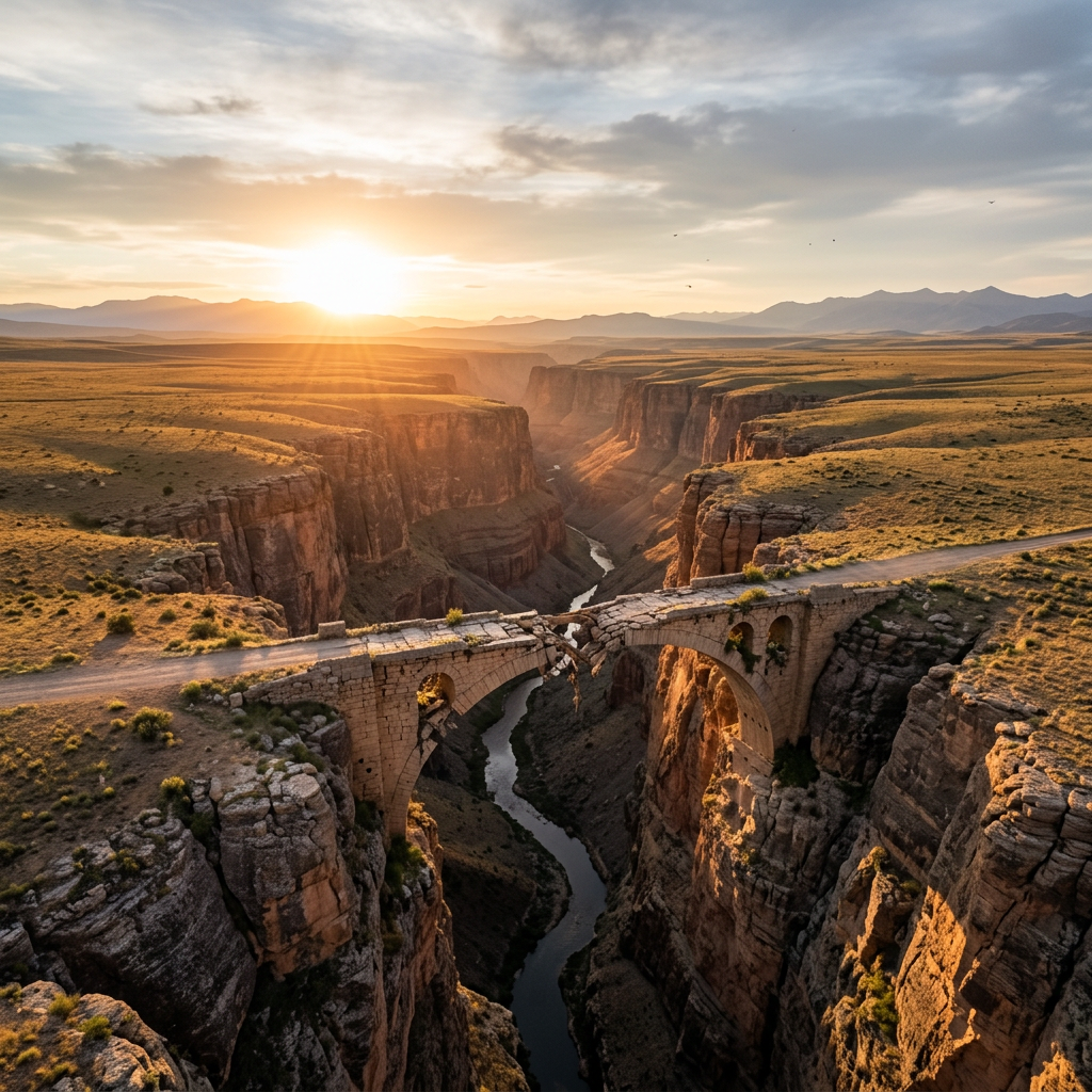 Broken stone arch bridge over deep canyon with setting sun