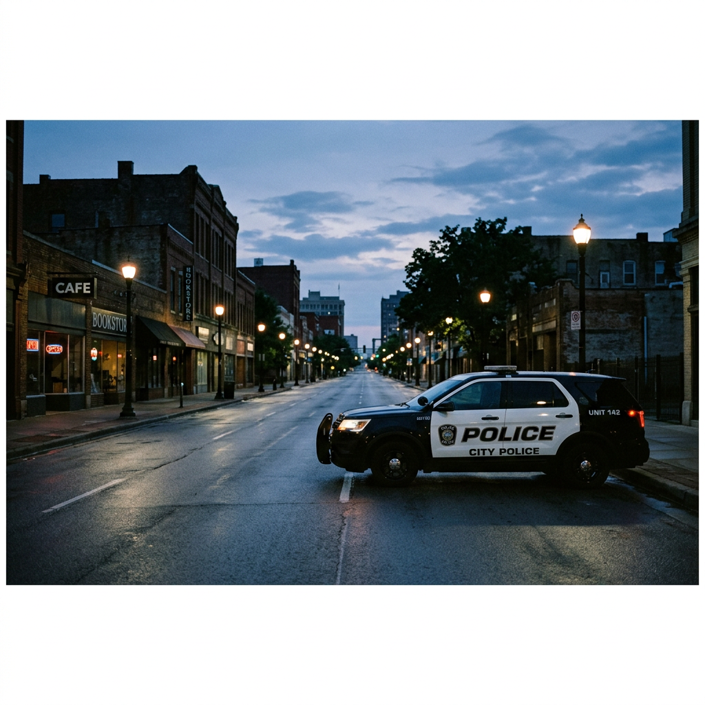 Police SUV parked across empty urban street blocking traffic at dusk