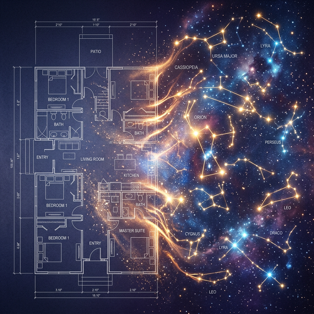 House blueprint blending into star constellation map with labeled constellations