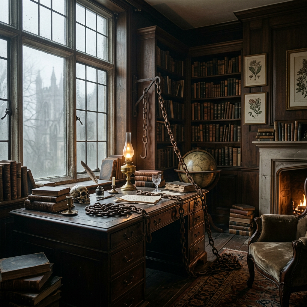 Antique wooden desk with books, chains, skull, and oil lamp in a classic library room with bookshelves and fireplace.