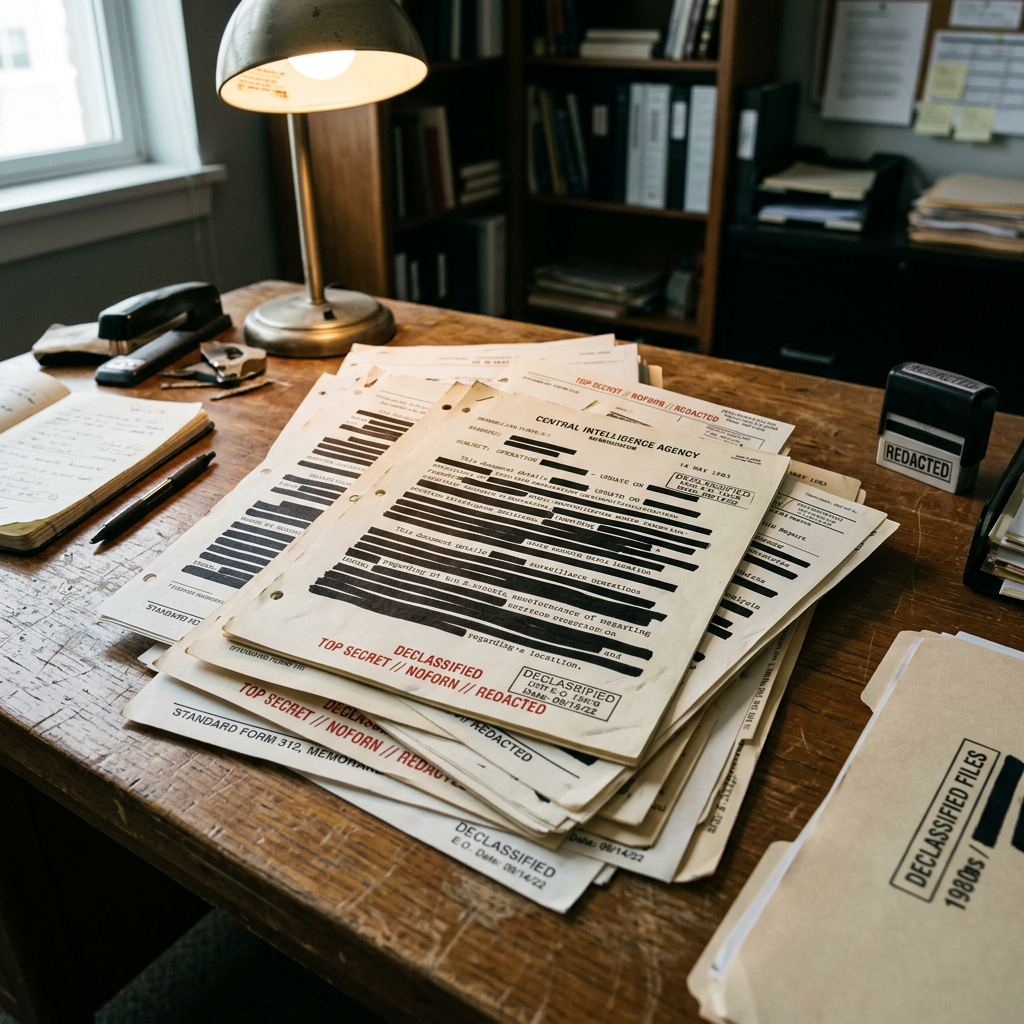 Stack of declassified CIA documents labeled top secret with redacted text on a wooden desk under lamp
