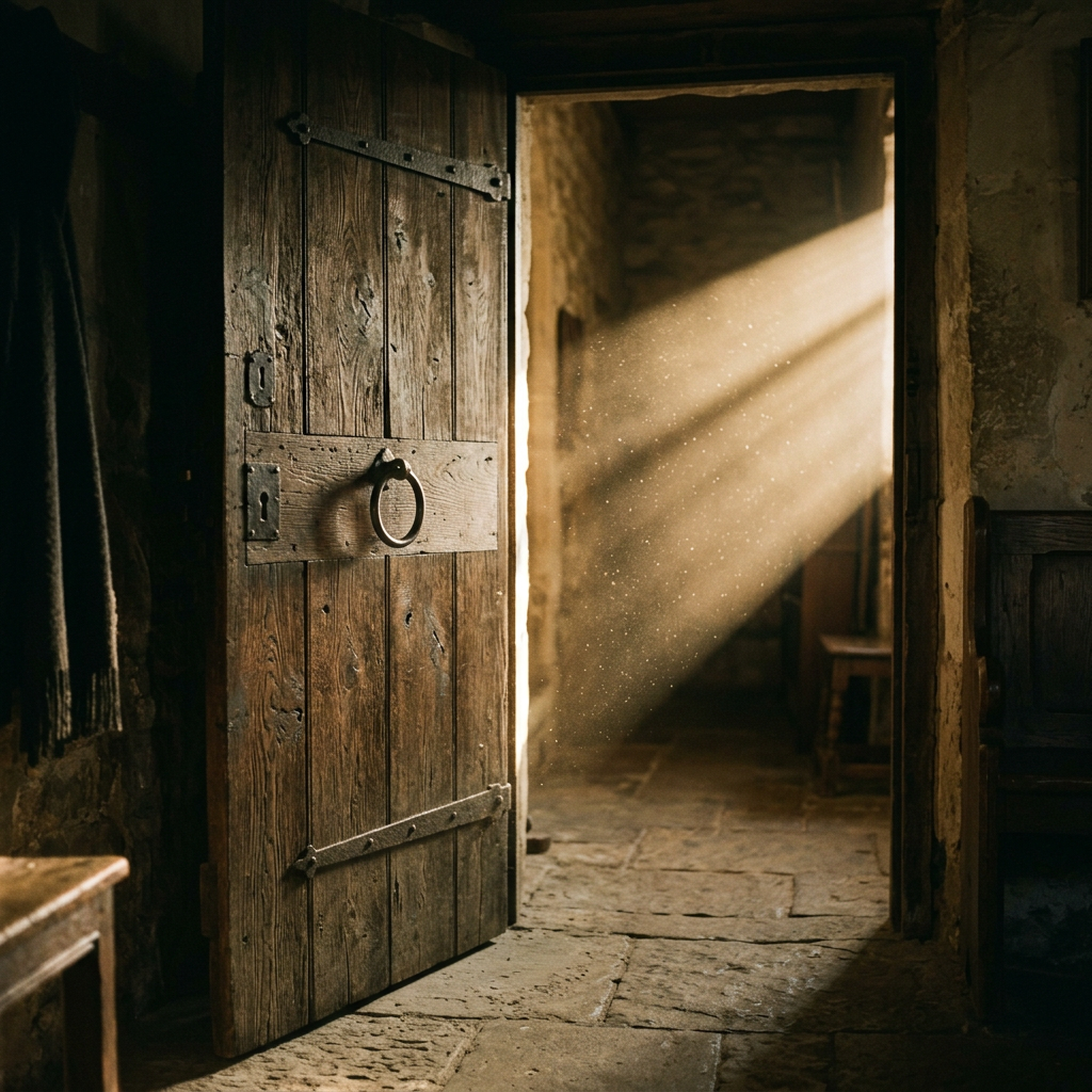 Open rustic wooden door with sunlight shining through, displaying floating dust particles inside an old stone room.