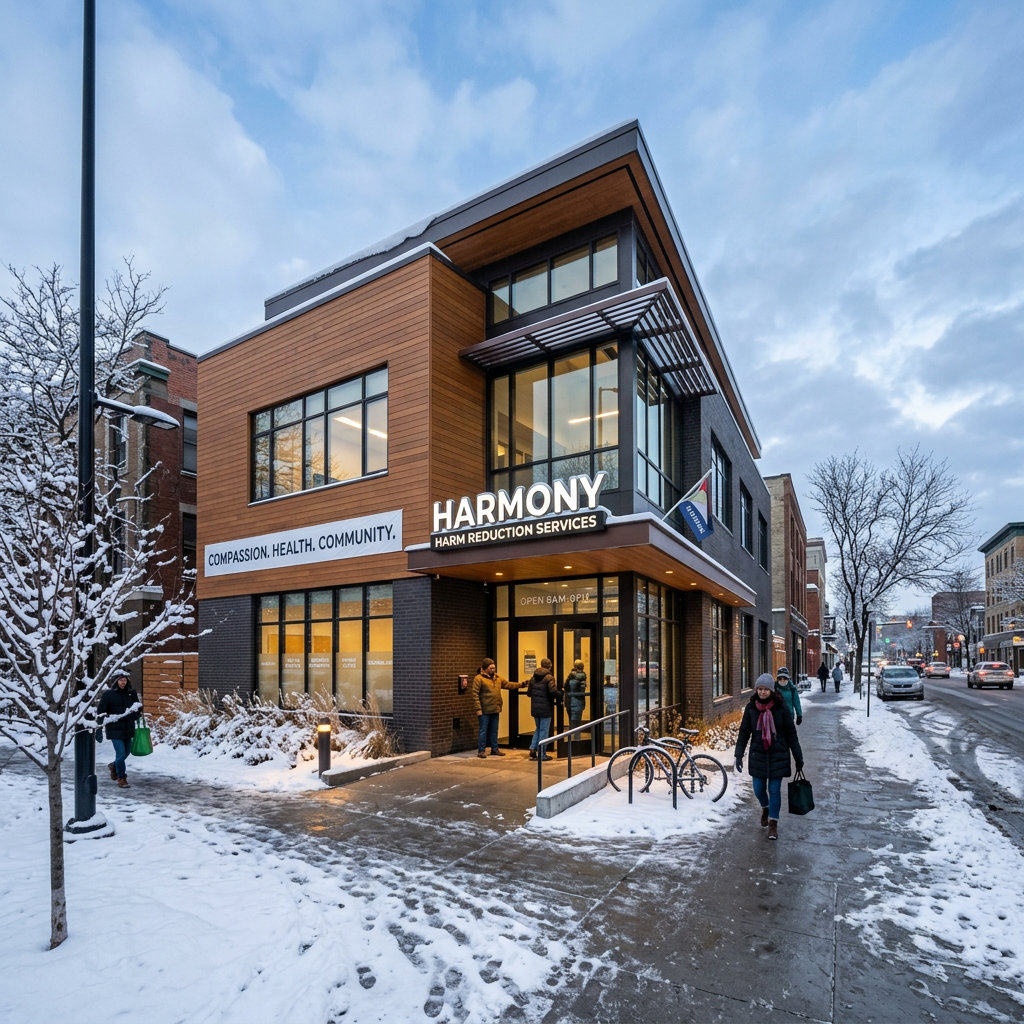 Modern building housing Harmony Harm Reduction Services with snowy sidewalks and people walking outside