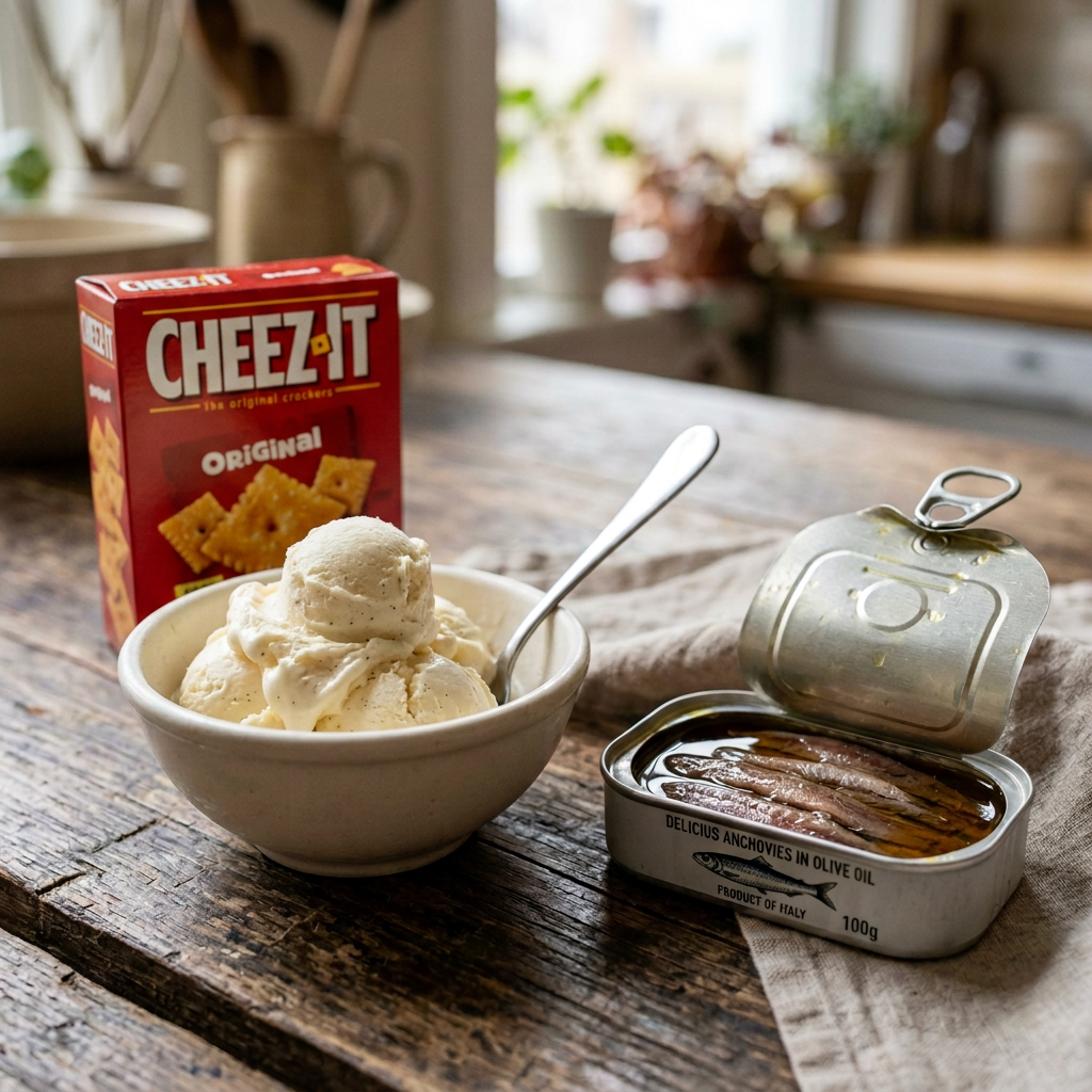 Vanilla ice cream in a bowl with a spoon beside an open tin of anchovies in olive oil