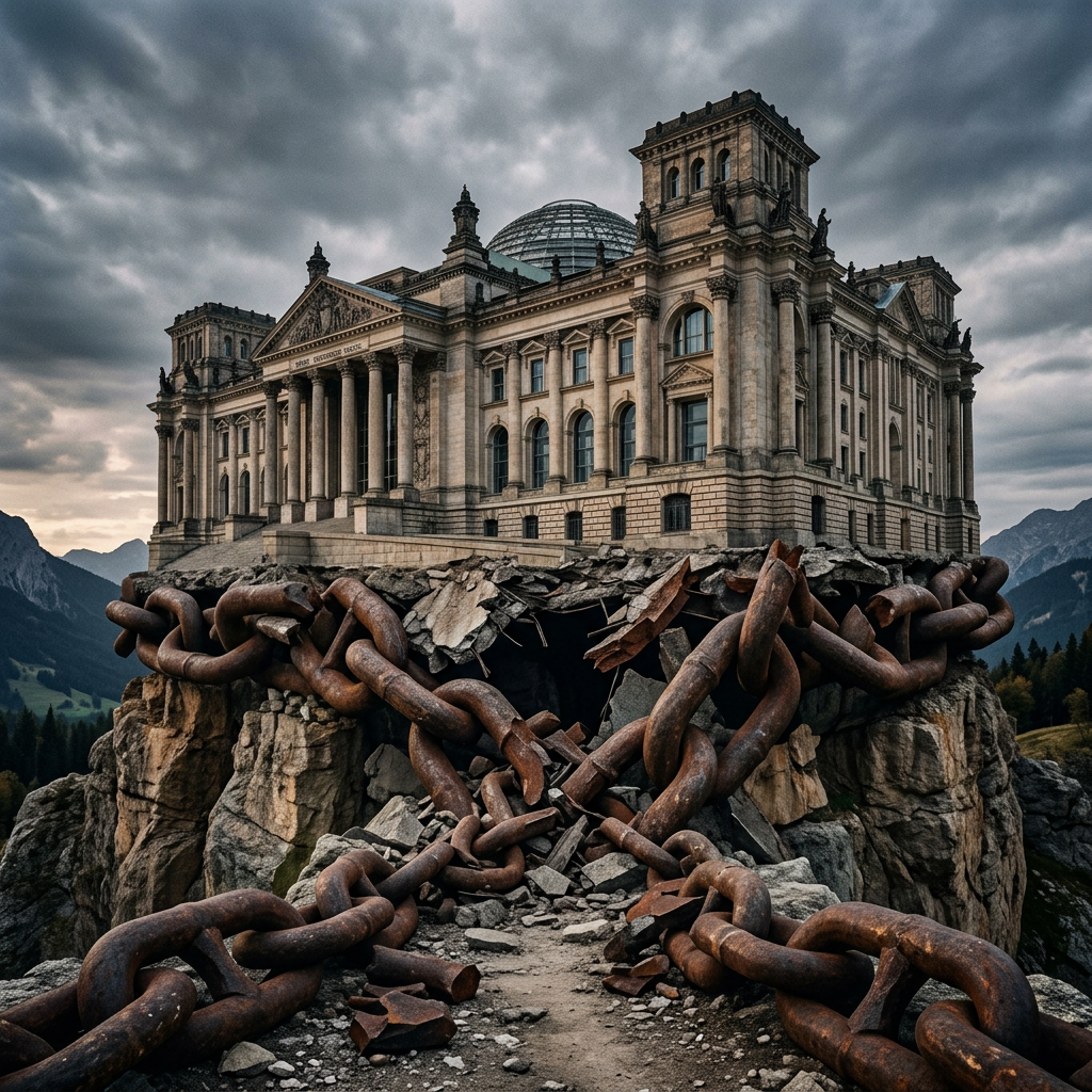 Large classical building secured by massive rusty chains on a rocky cliff