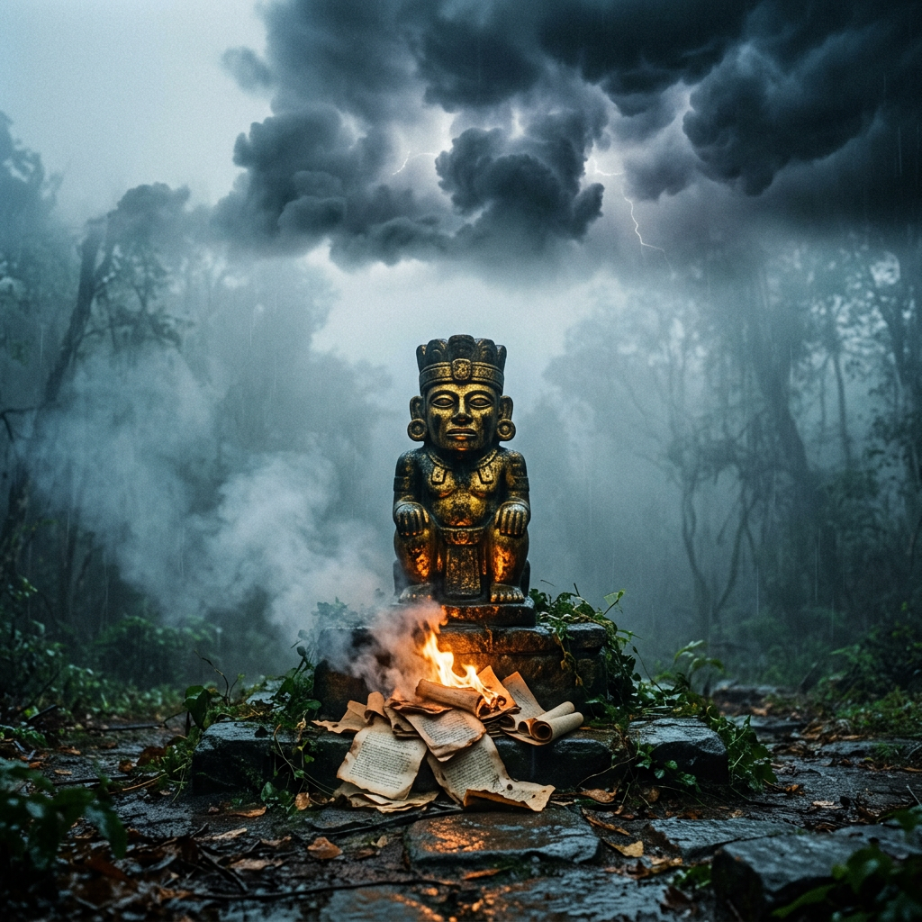 Golden tribal statue seated on stone platform with burning scrolls and skeletal remains in misty forest