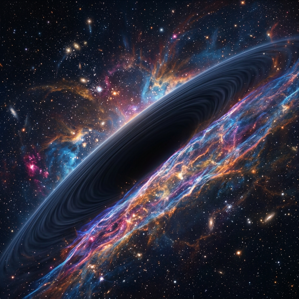 Black hole with swirling dark disk and vibrant multicolored nebula in a star-filled galaxy