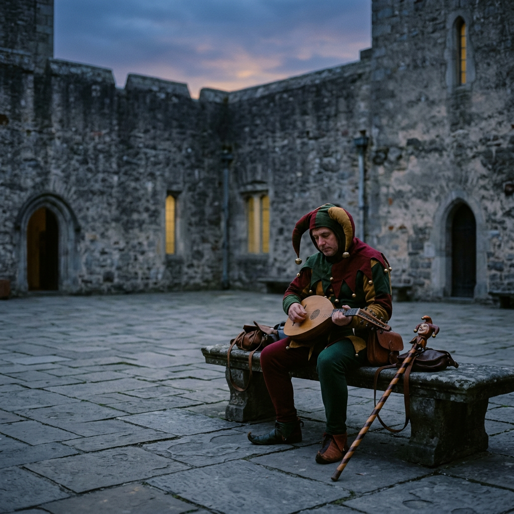 Man dressed as a medieval jester playing a lute on a stone bench in a castle courtyard at dusk