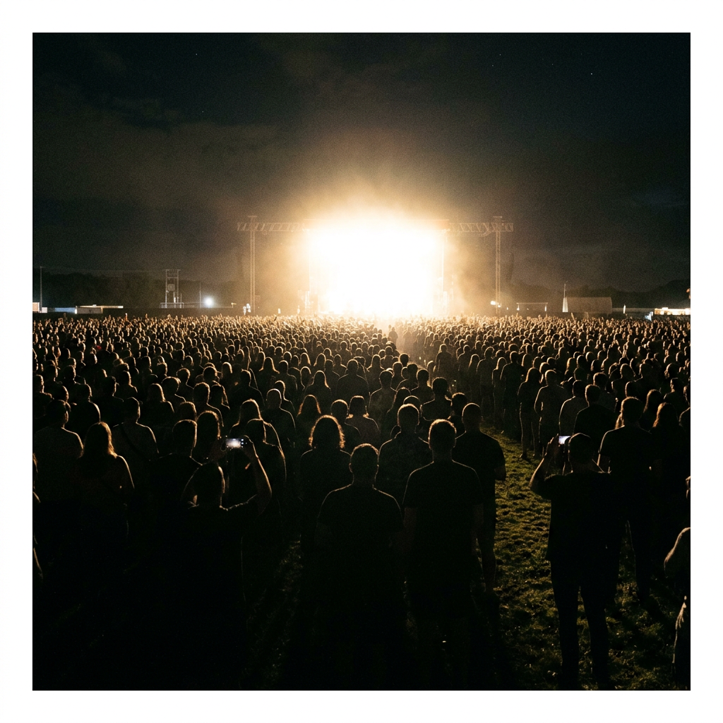 Crowd of people watching a brightly lit stage at an outdoor night concert
