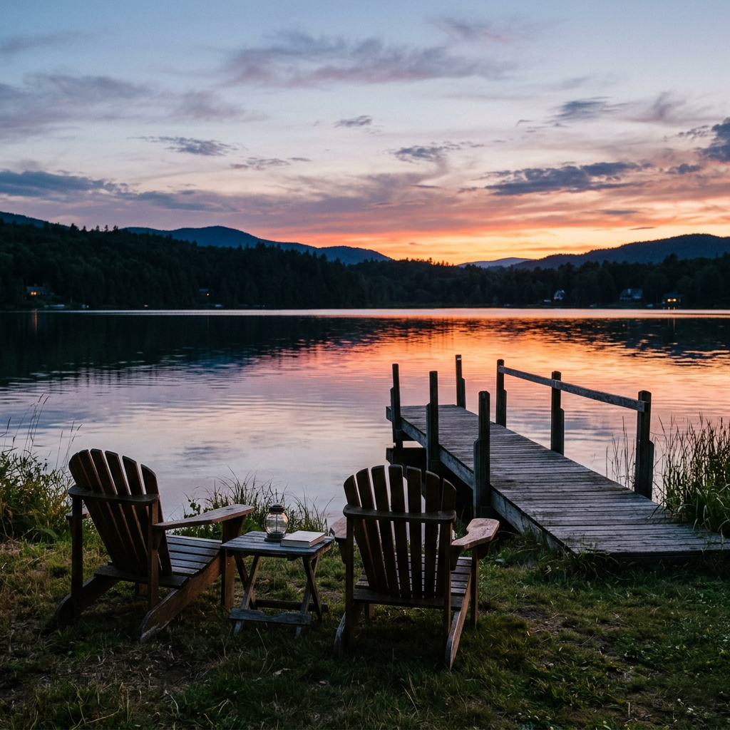Two Adirondack chairs and a dock beside a sunset-lit mountain lake