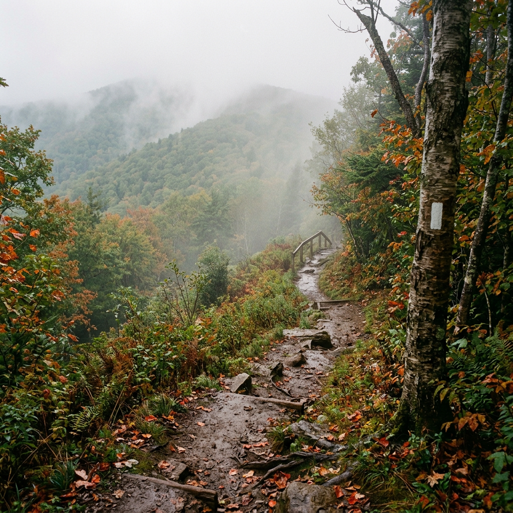 Rocky forest trail crossing a bridge through misty autumn mountains