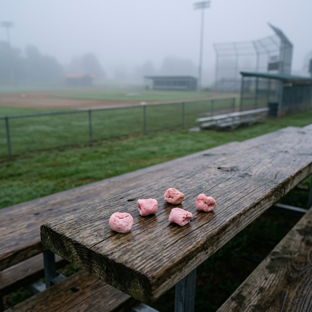 Five pink bite-sized treats on weathered wooden bleachers at a foggy baseball field