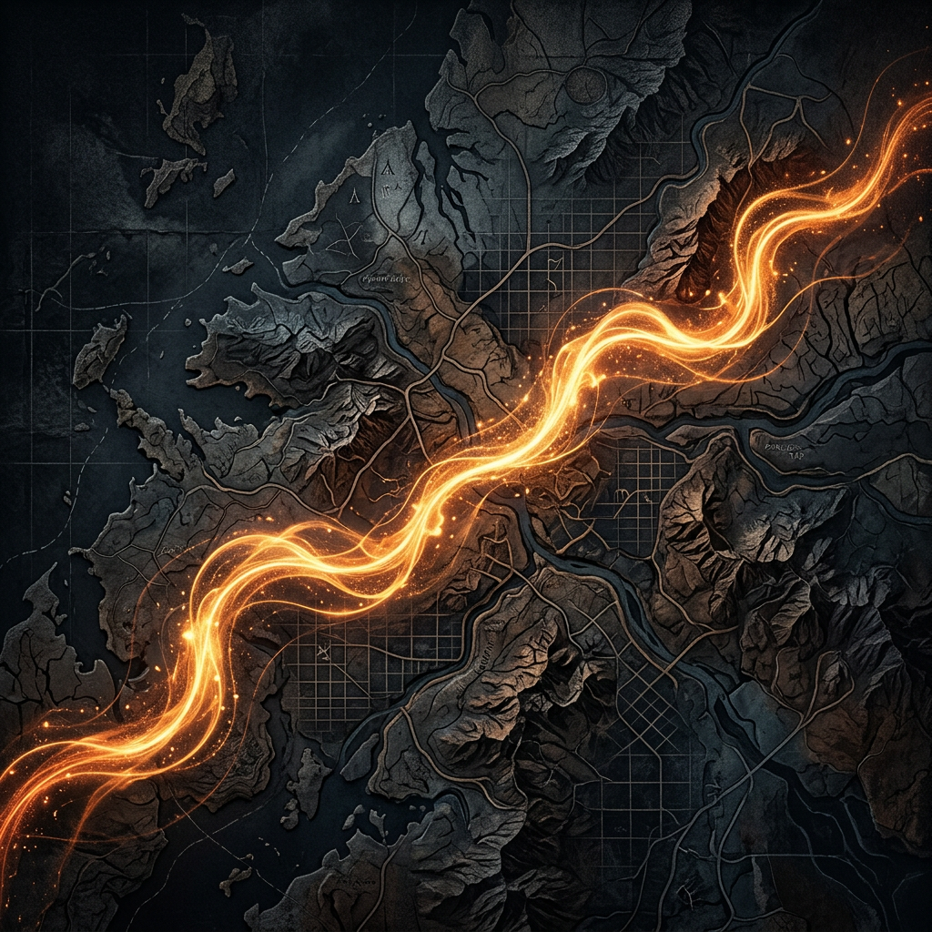 Golden magical river flowing across a dark illustrated fantasy map
