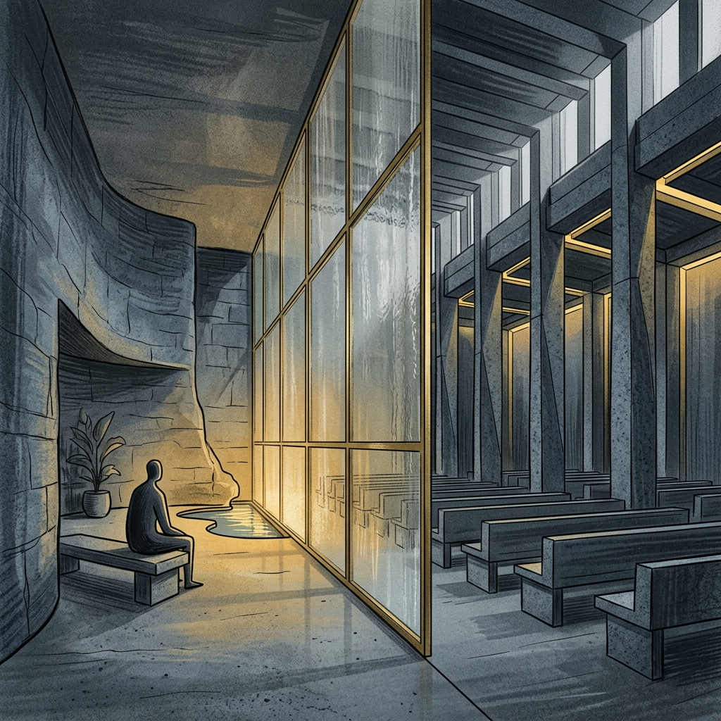 Solitary person seated beside a warmly lit glass wall and chapel interior