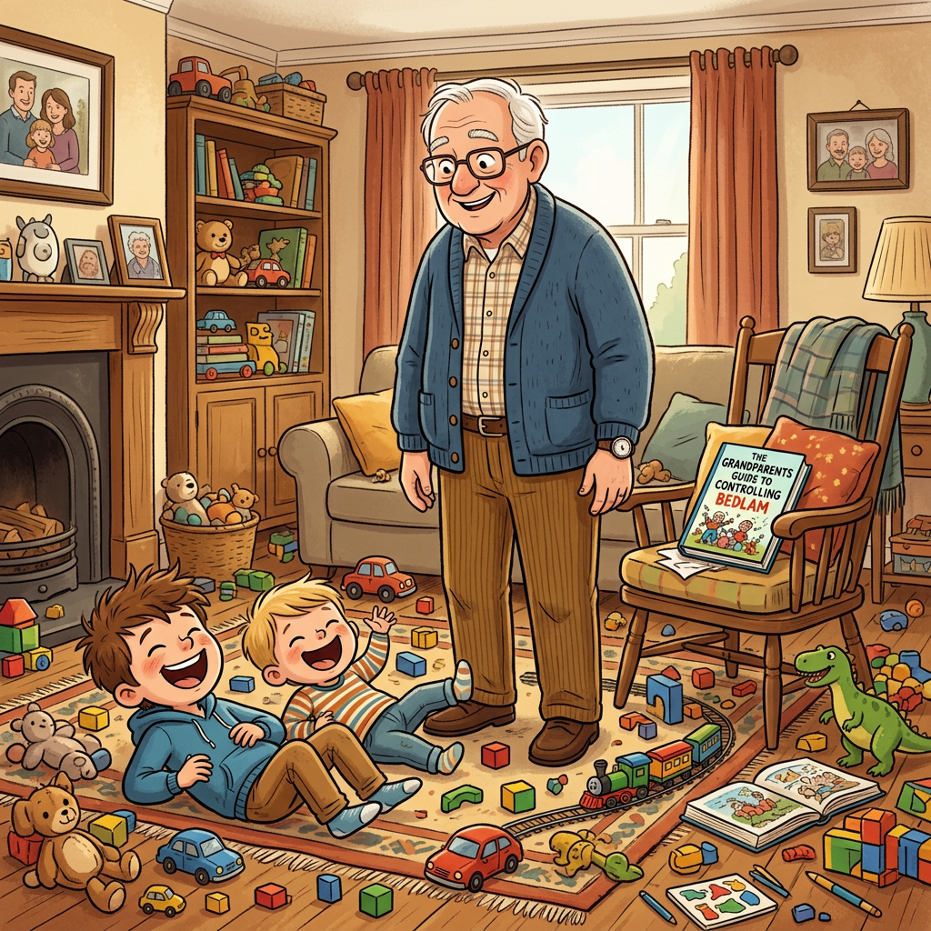 Grandfather standing over two children playing with toys in a family room