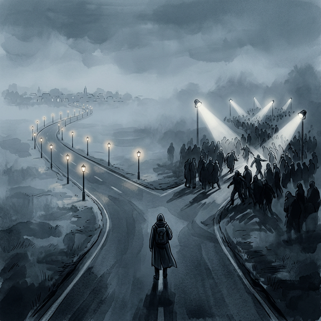 Hooded traveler choosing between a lantern-lit road and a spotlighted crowd