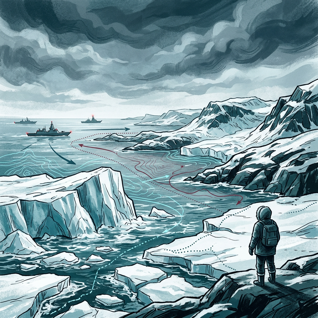 Illustration of an explorer, ice floes, ships, and marked Arctic routes