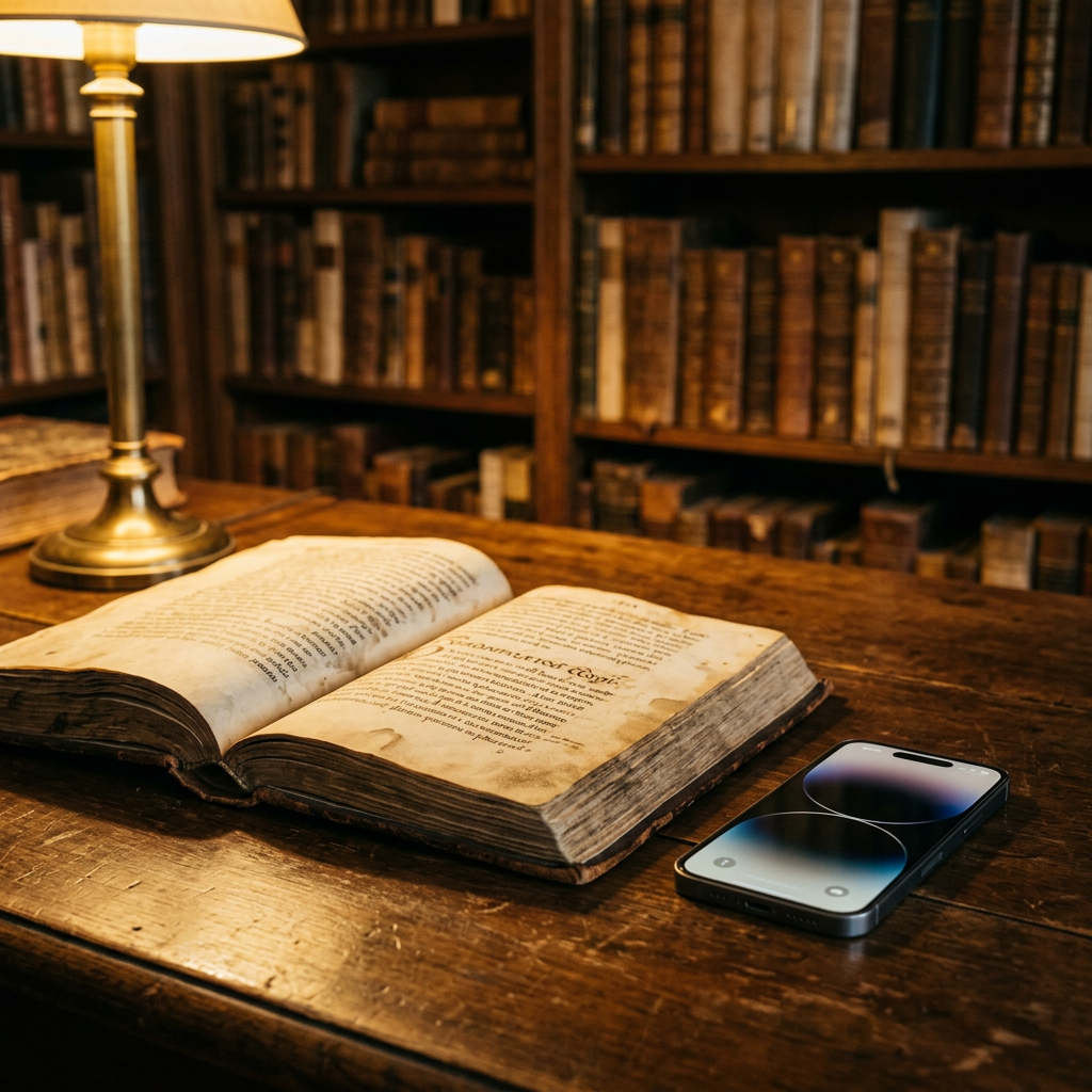 Open antique book and smartphone on a wooden library table