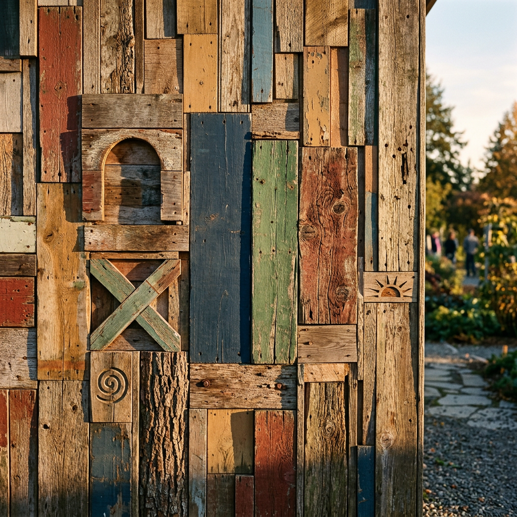 Colorful patchwork wall made from weathered reclaimed wood beside a garden path