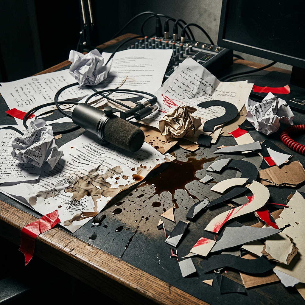 Microphone resting on stained scripts beside a sound mixer and torn paper